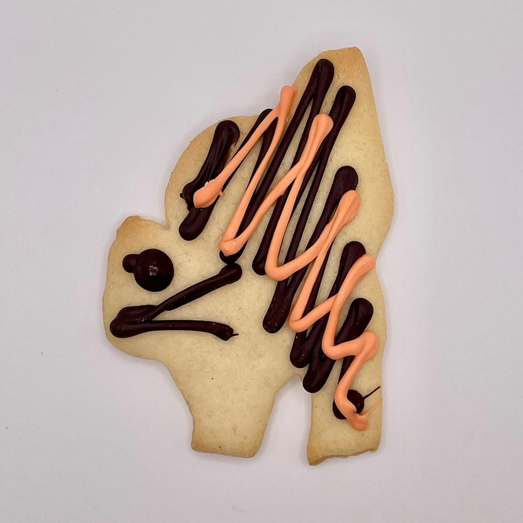 Decorative cookie shaped like a cat with chocolate and orange icing on a white background